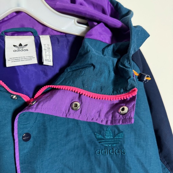 Adidas Color Block Anorak Hooded Jacket Teal Purple Beige Retro Mens Large L - Picture 2 of 9